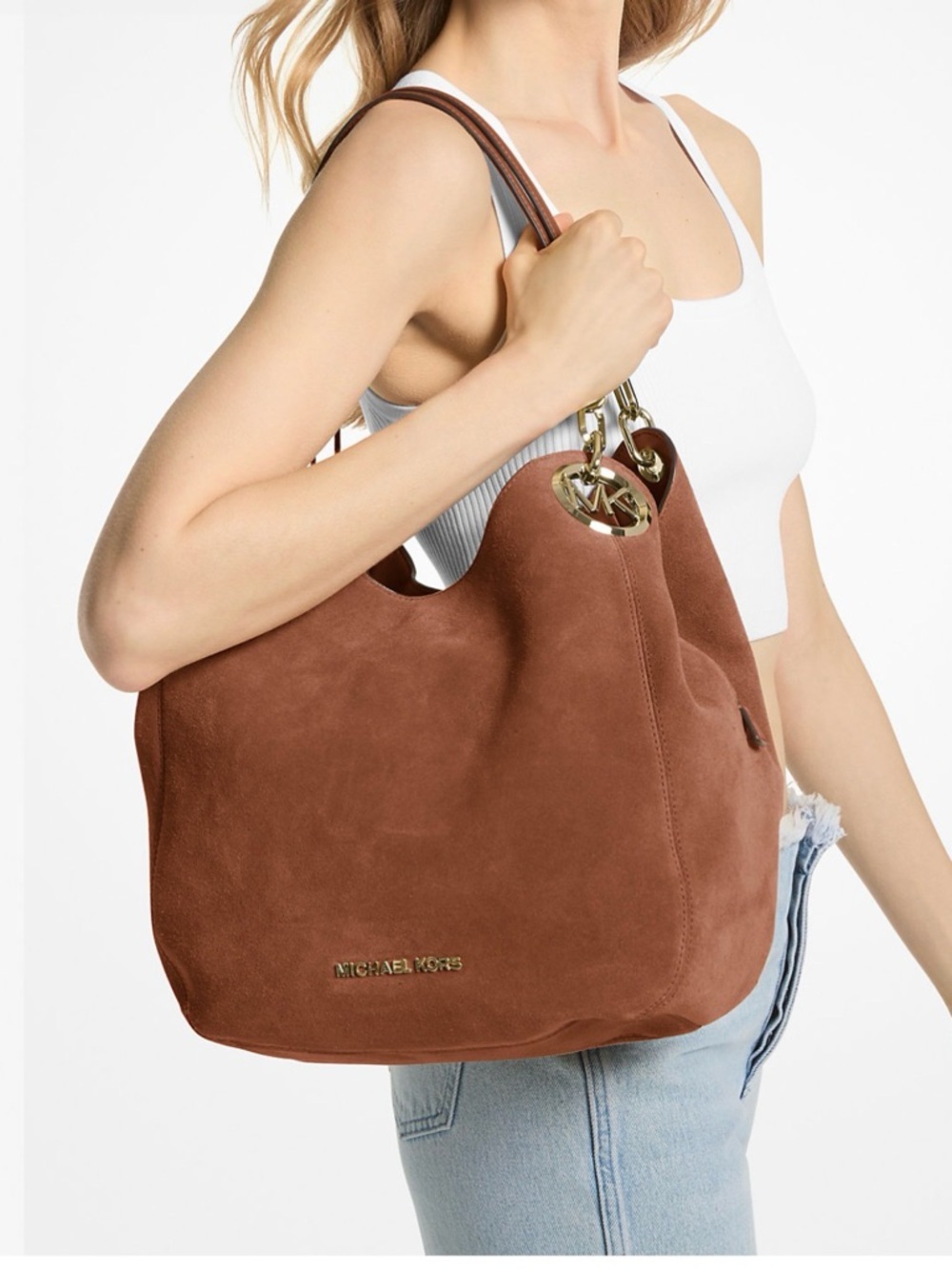Michael Kors Lillie Large Chain Tote Luggage Buttery Suede NWOT Rare - Picture 4 of 5